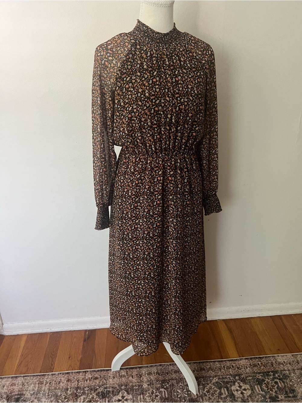 Madewell Brown Floral midi dress, women’s XS funnel Neck Long Sleeve, fall boho